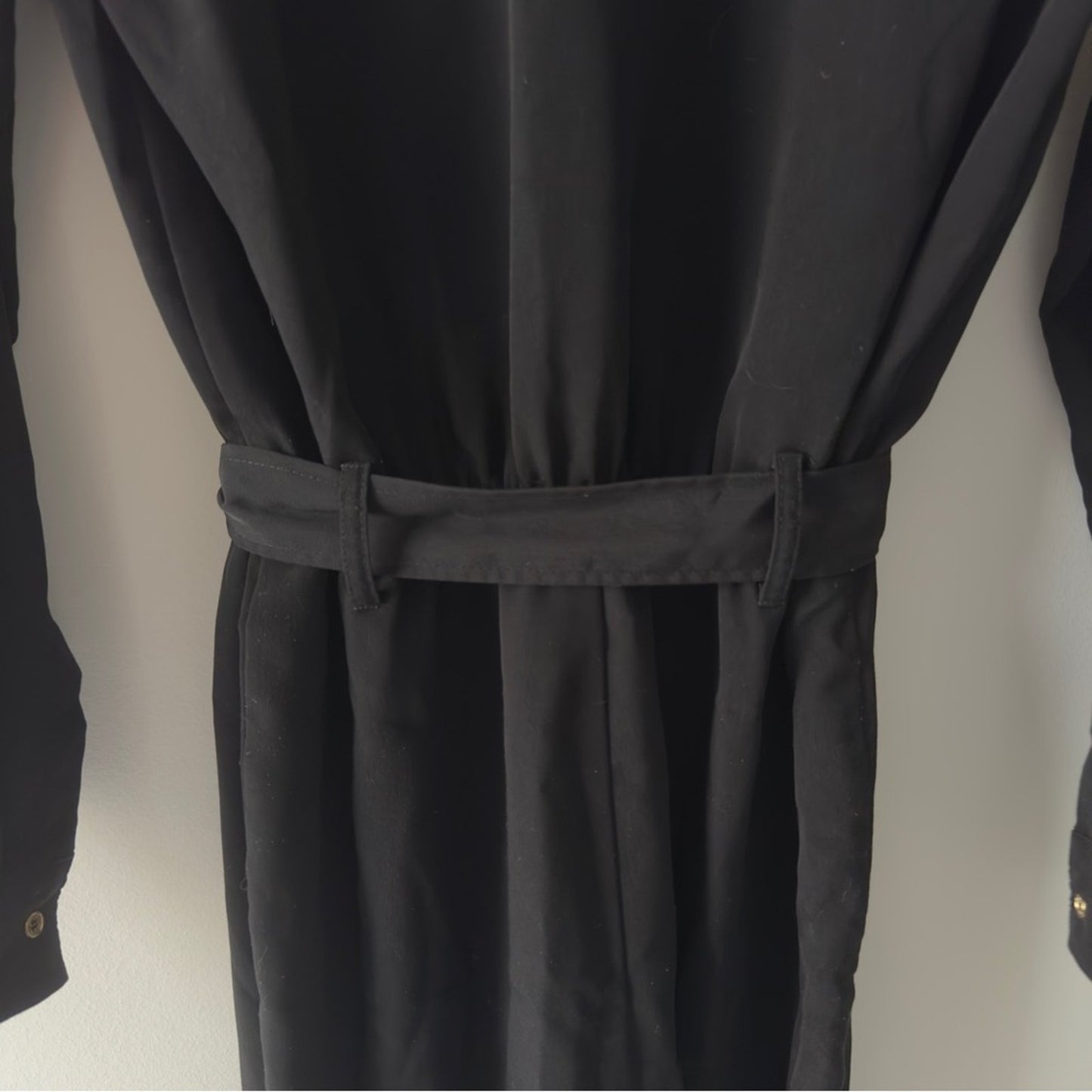 Calvin Klein Black Button-Up Front Jumpsuit Gold Accents Zipper Pockets Tie Belt