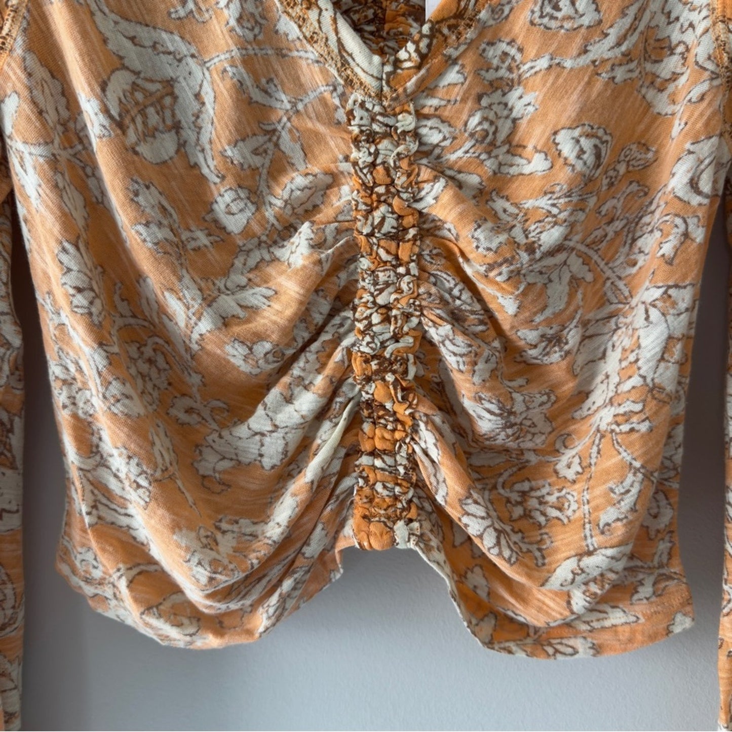 Free People Say the Word Top in Blood Orange Combo Floral Ruched long sleeve NWT