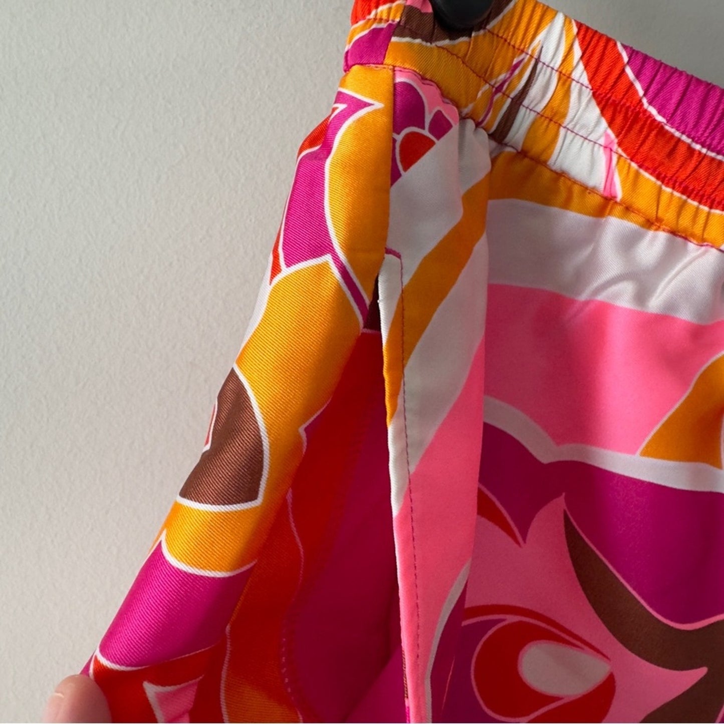 Express Pink and Orange Patterned Set Vibrant Button Down Top elastic tie shorts