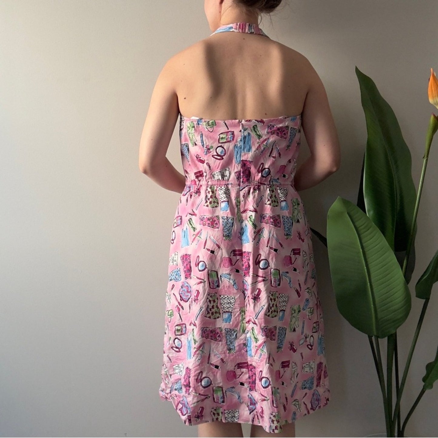 Vintage 90s–2000s Danny & Nicole Pink Patterned Halter Dress Girly Makeup Print