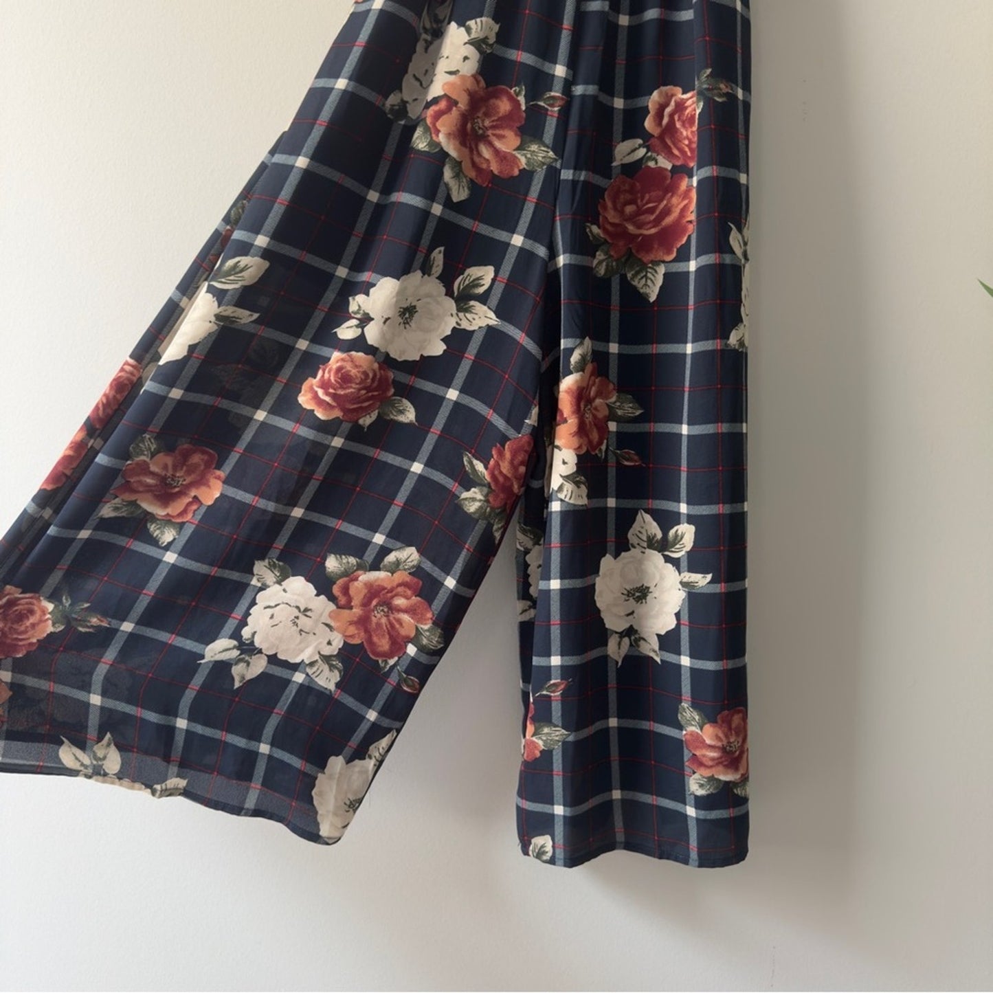 Buckle As U Wish Navy Floral Checkered Jumpsuit Tie Waist Cropped Spaghetti Blue