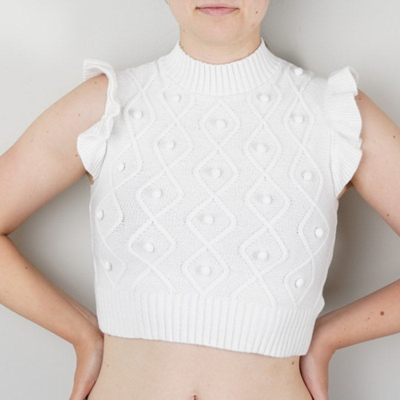 Vestique Cropped Sweater Vest Top Ruffle Cap Sleeves Pompom Jacquard Mock Neck M