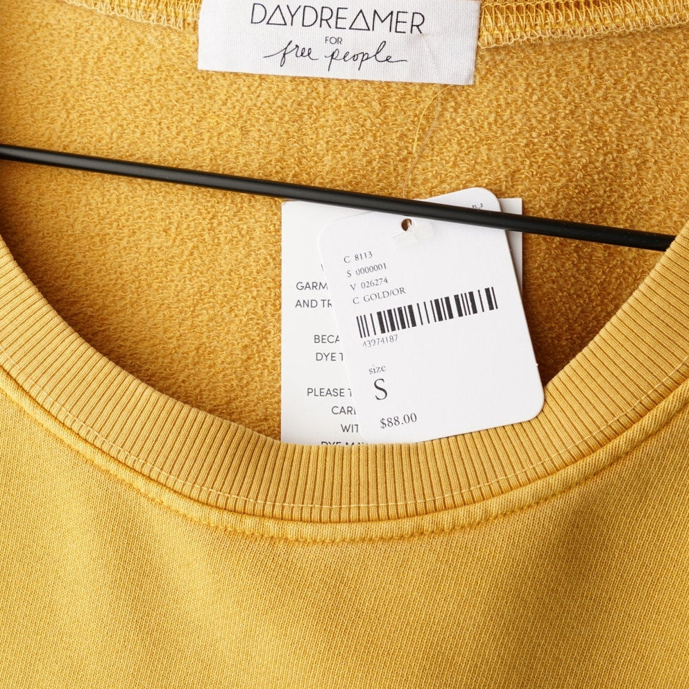 Daydreamer x Free People Sweet Talkin' Sweatshirt Top Gold Smiley Face Graphic S