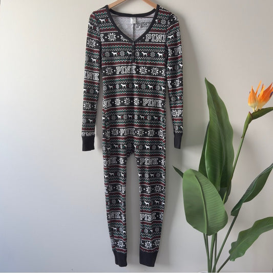 PINK Victoria's Secret Fair Isle Dog Patterned Pajama One Piece Onesie Jumpsuit