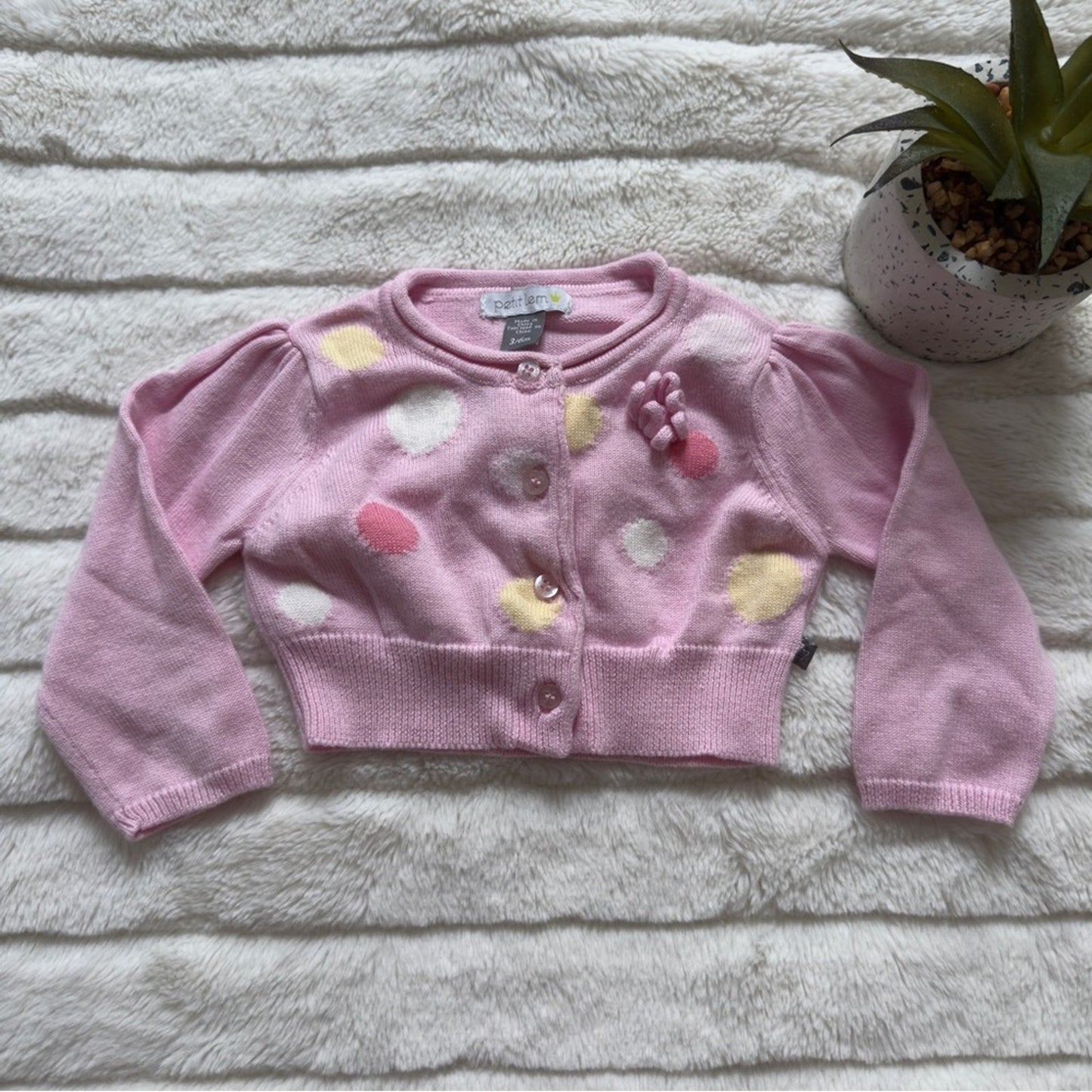 Petit Lem Pink Cardigan Polka Dots long sleeve button down front tight knit 3/6M