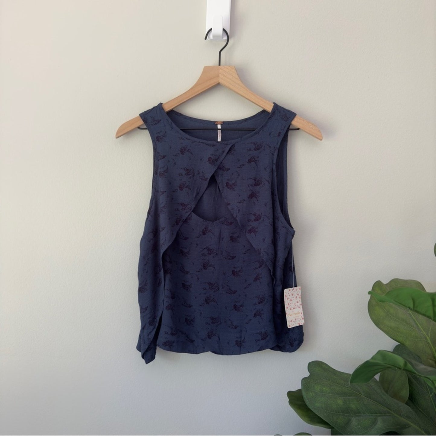 Free People Indigo Combo Tank Top Floral Print Cutout Sleeveless Crinkle Cut Out