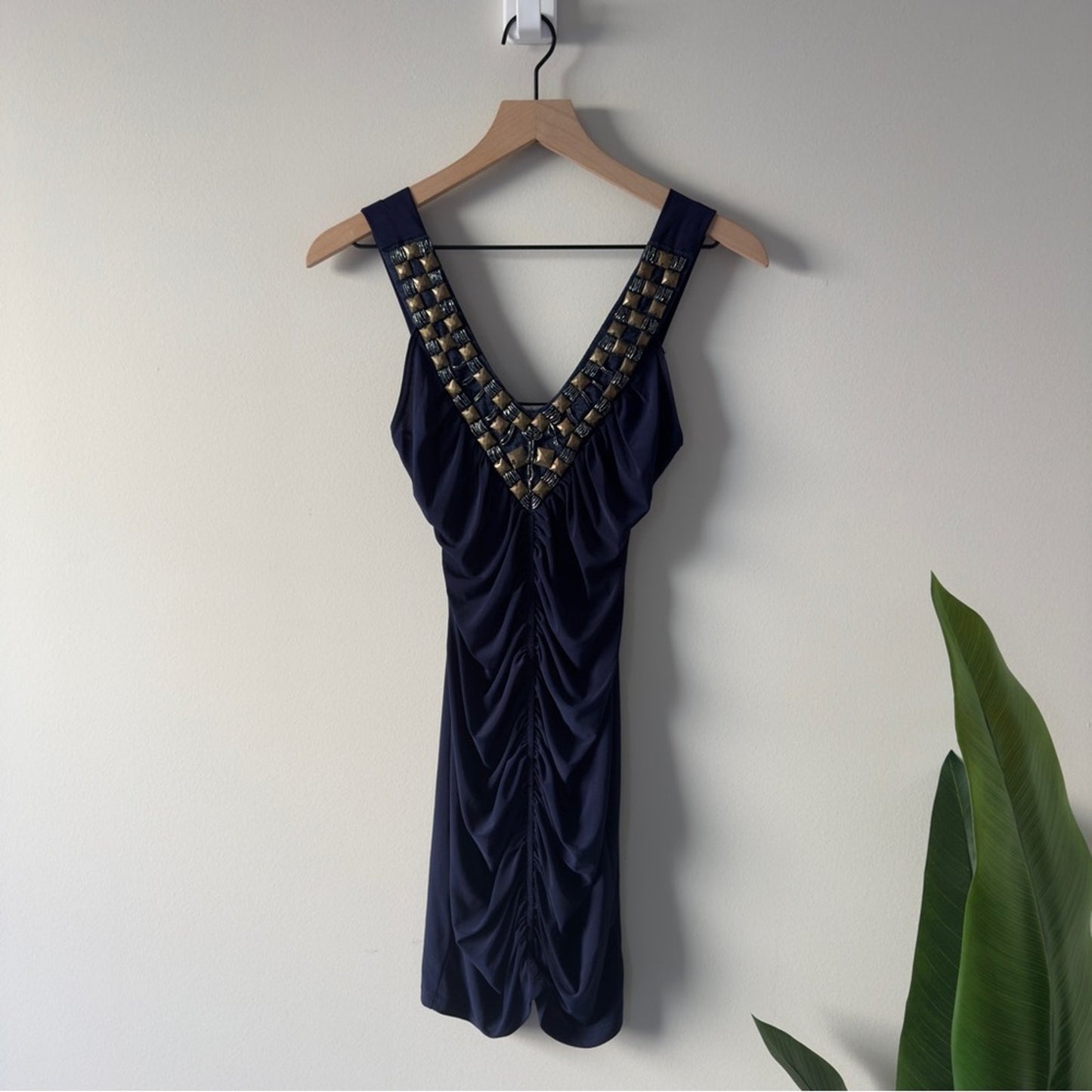 Vintage 2000s Papaya Navy Ruched Embellished Bodycon Mini Dress V-Neck Y2K Blue