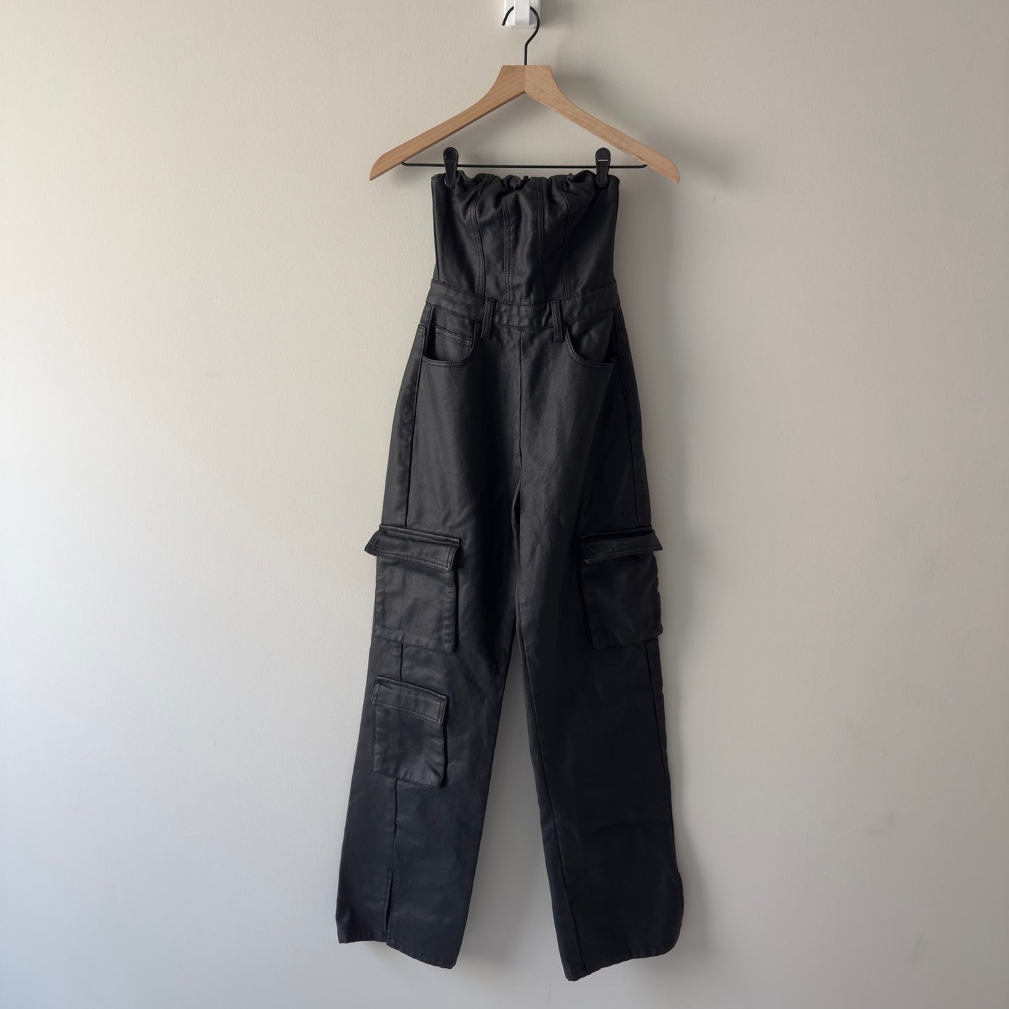 PrettyLittleThing Black Cargo Pocket Bandeau Denim Faux Leather Jumpsuit Pockets