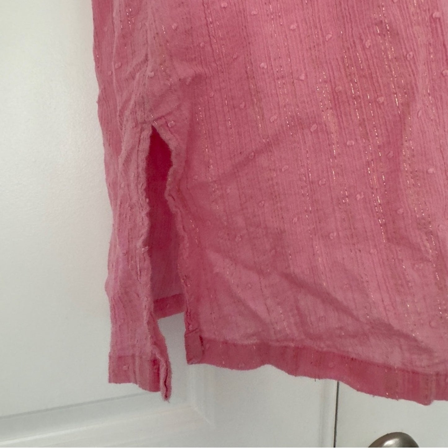 Lilly Pulitzer Pink Gold Metallic Tunic Dress 3/4 Sleeve Slit Embroidered Lace L