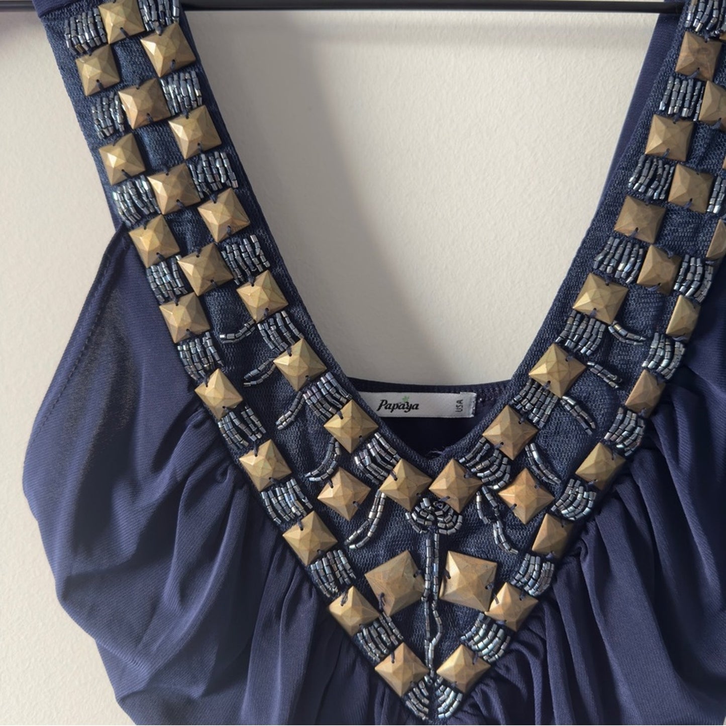 Vintage 2000s Papaya Navy Ruched Embellished Bodycon Mini Dress V-Neck Y2K Blue