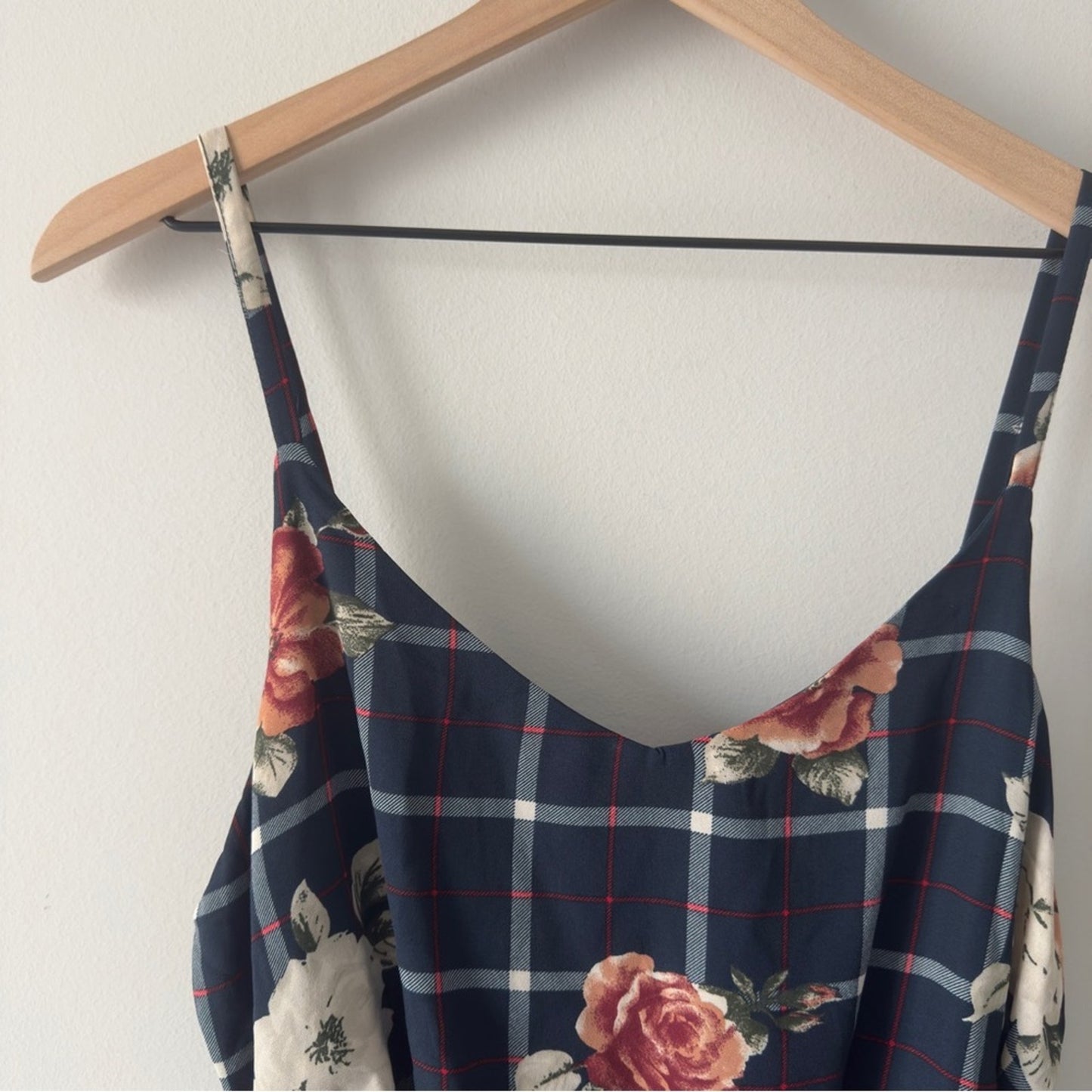 Buckle As U Wish Navy Floral Checkered Jumpsuit Tie Waist Cropped Spaghetti Blue