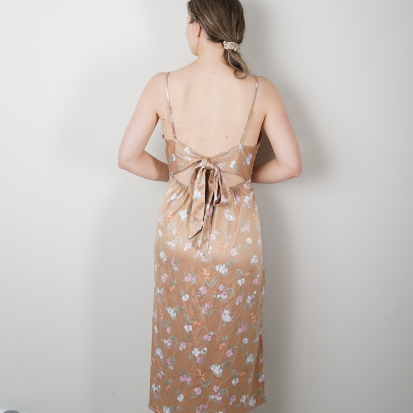 Pink Rose Floral Midi Dress Slit Side Open Tie Bow Back Spaghetti Strap Spring L