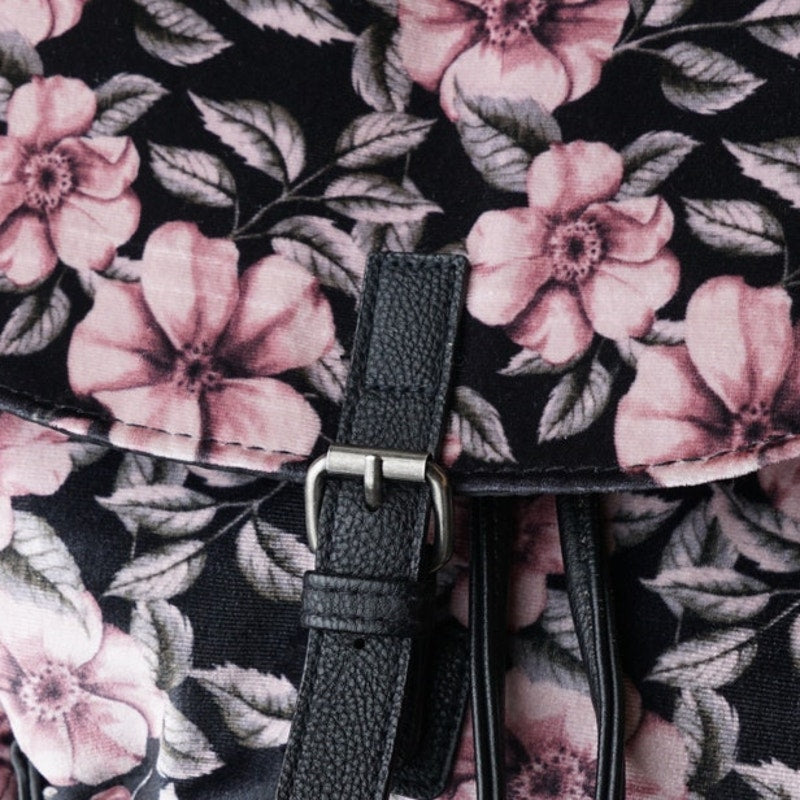 Velour Floral Backpack Faux Leather Straps Drawstring Velvet Mini Front Pocket
