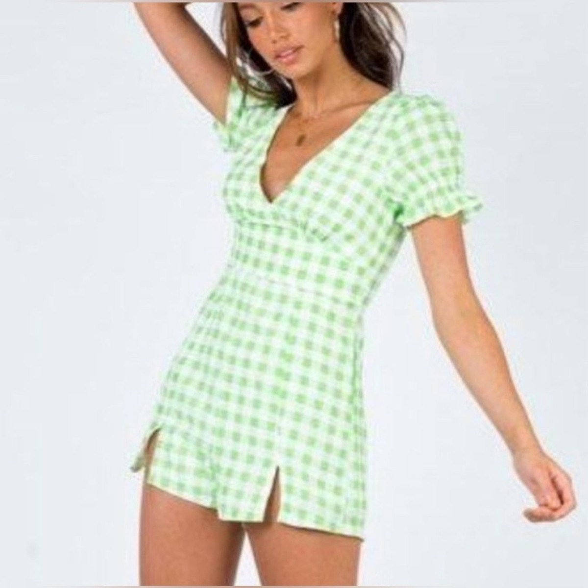 Princess Polly Gingham Shorts Romper Ruffle Short Sleeve Scoop V-Neck Zip Up 2