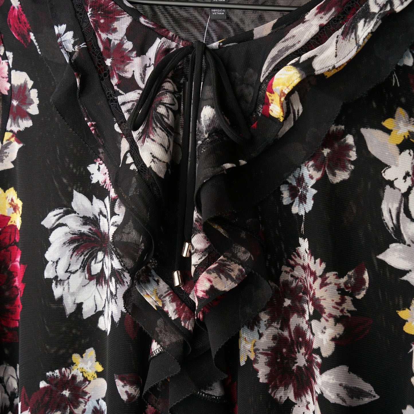 White House Black Market Long Sleeve Mesh Ruffle Top in Dark Berry with Ecru NWT
