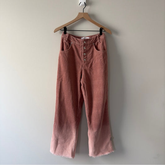 House of Sunny Pink Corduroy Pants Button Fly Ombre raw fringe hem pockets boho