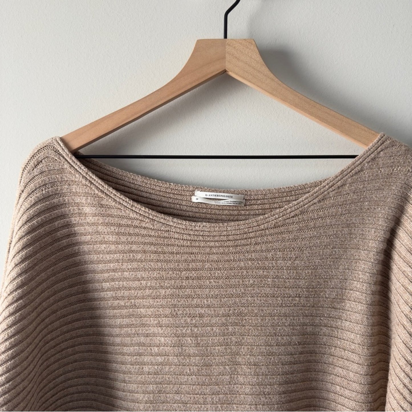 Anthropologie Beige Tan Ribbed Crew Sweater Batwing Long Sleeve Solid Autumn 2X