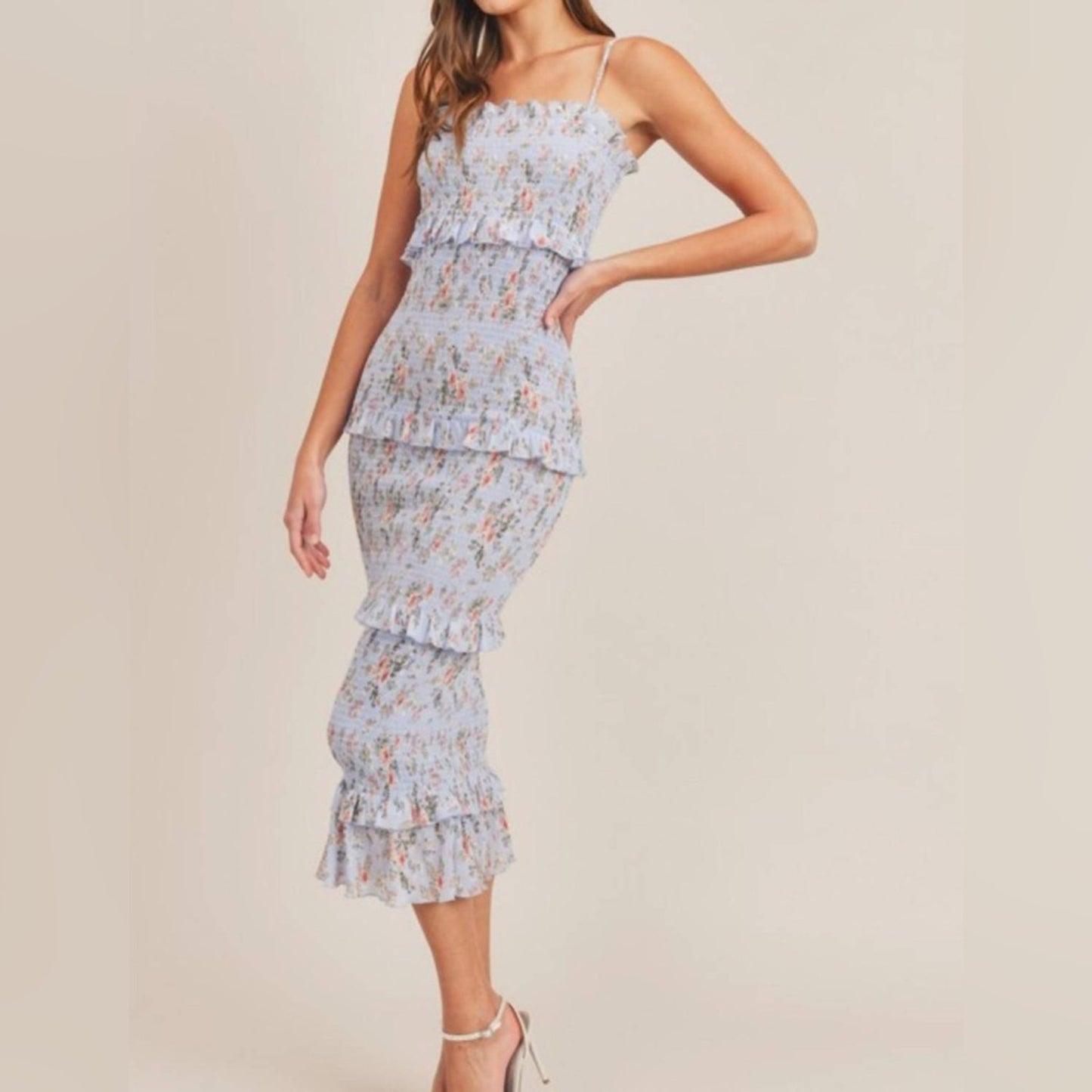 Anthropologie Mable Asher Smocked Midi Dress Blue Floral Ruffle Tiered Bodycon M