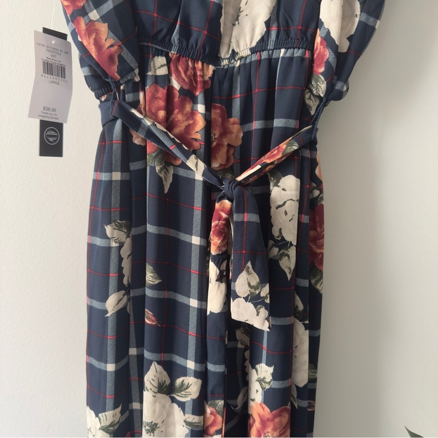 Buckle As U Wish Navy Floral Checkered Jumpsuit Tie Waist Cropped Spaghetti Blue