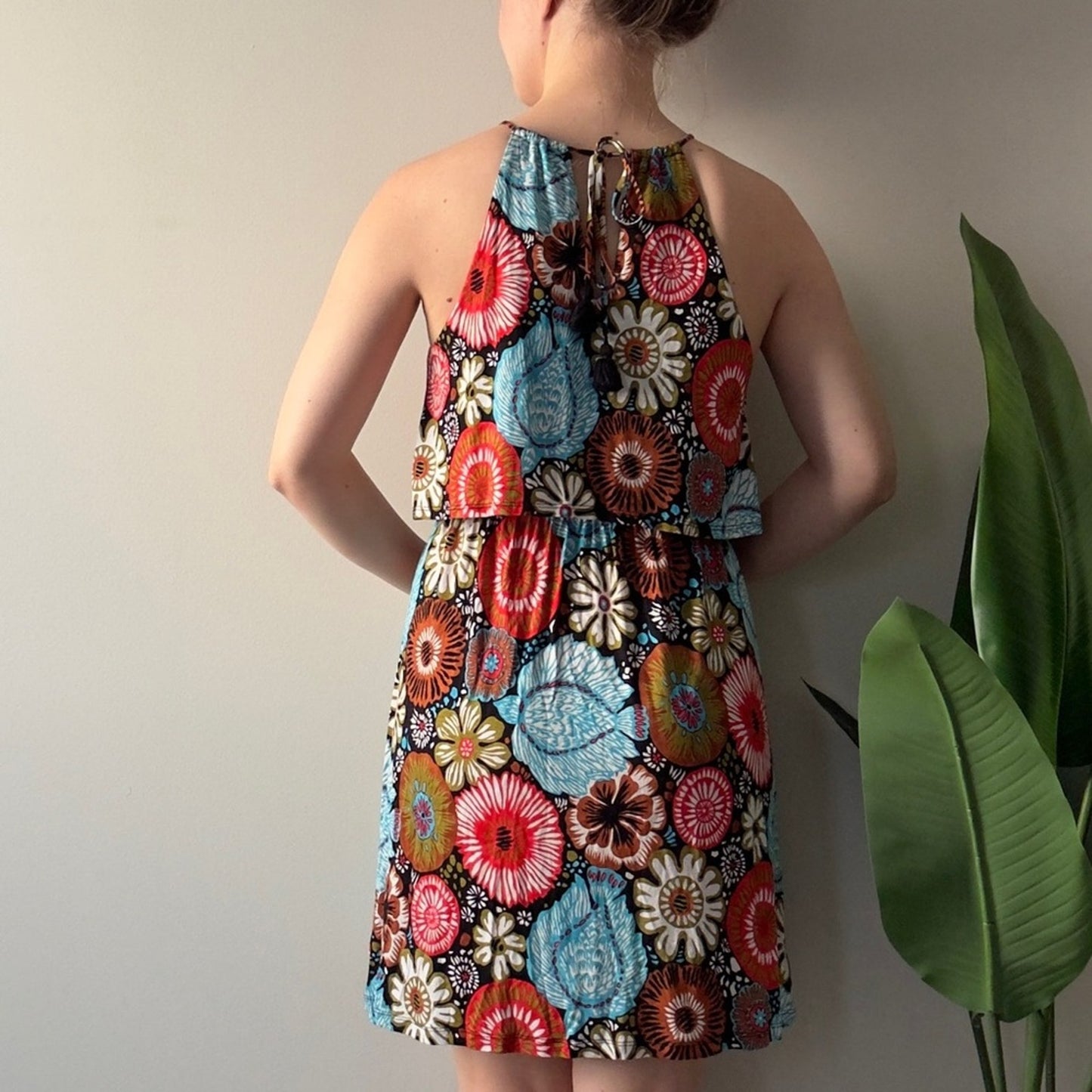 Loft Floral Halter Dress Mini tropical spaghetti strap tiered stretch summer NWT