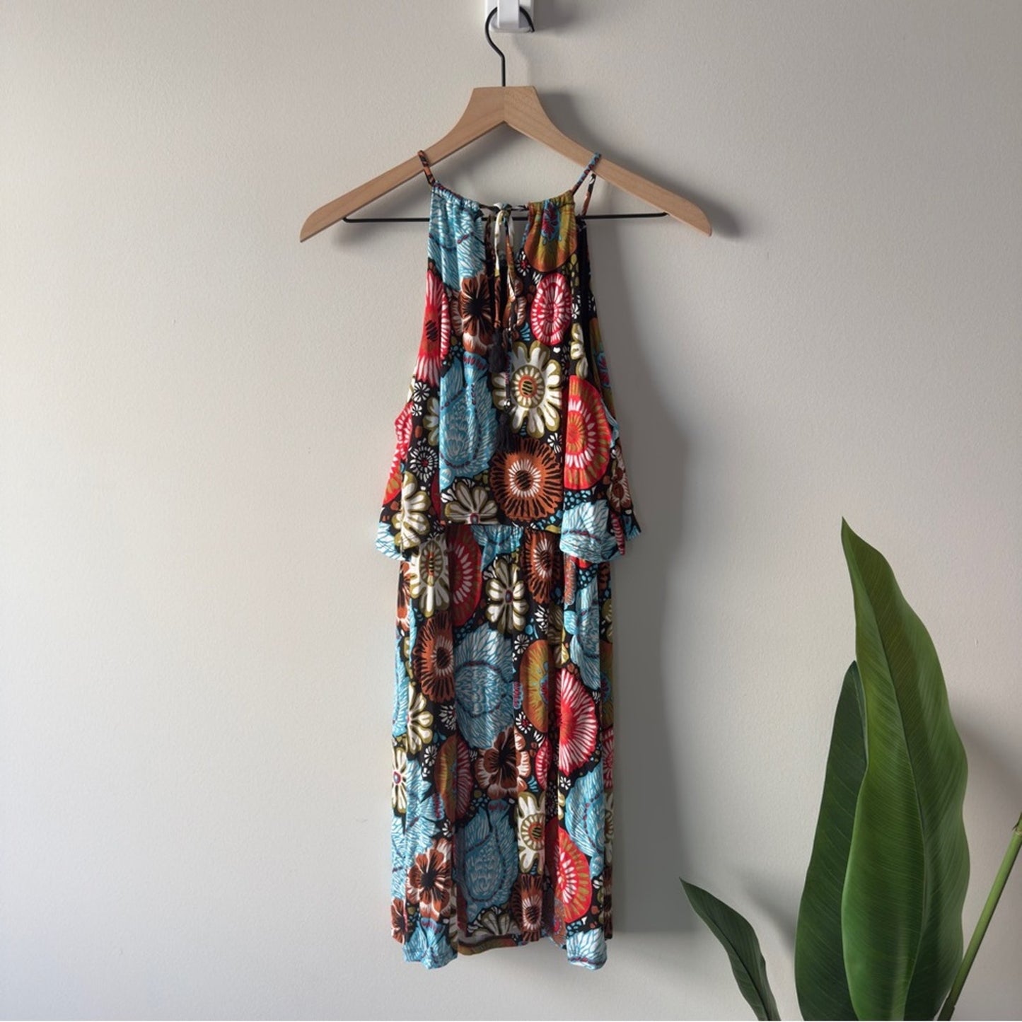 Loft Floral Halter Dress Mini tropical spaghetti strap tiered stretch summer NWT