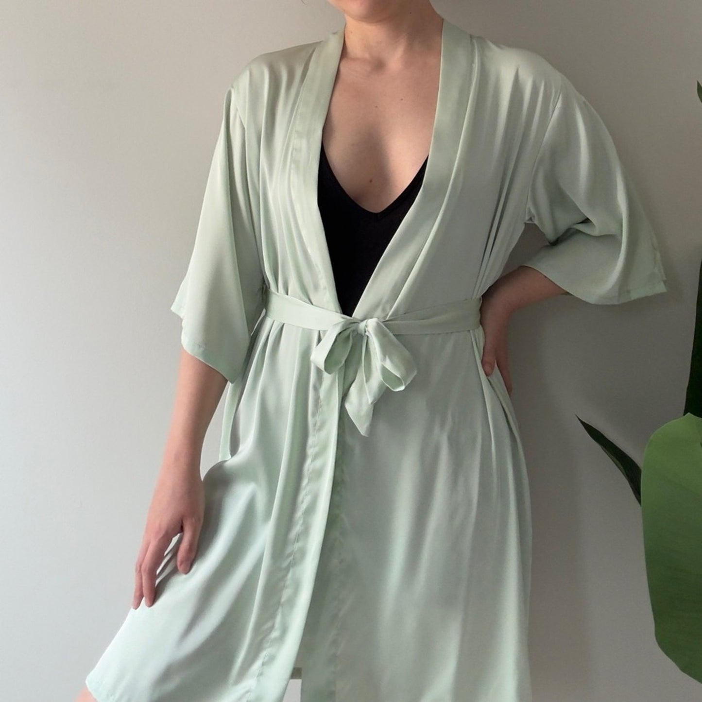 Satin Mint Green Women's Robe Half Sleeves Tie Waist Kimono Loungewear Lounge M