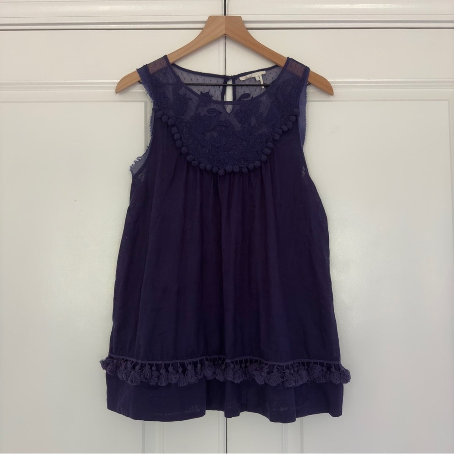 Anthropologie Floreat 100% Cotton Floral Lace Pompom Top Sleeveless Tassel Hem L