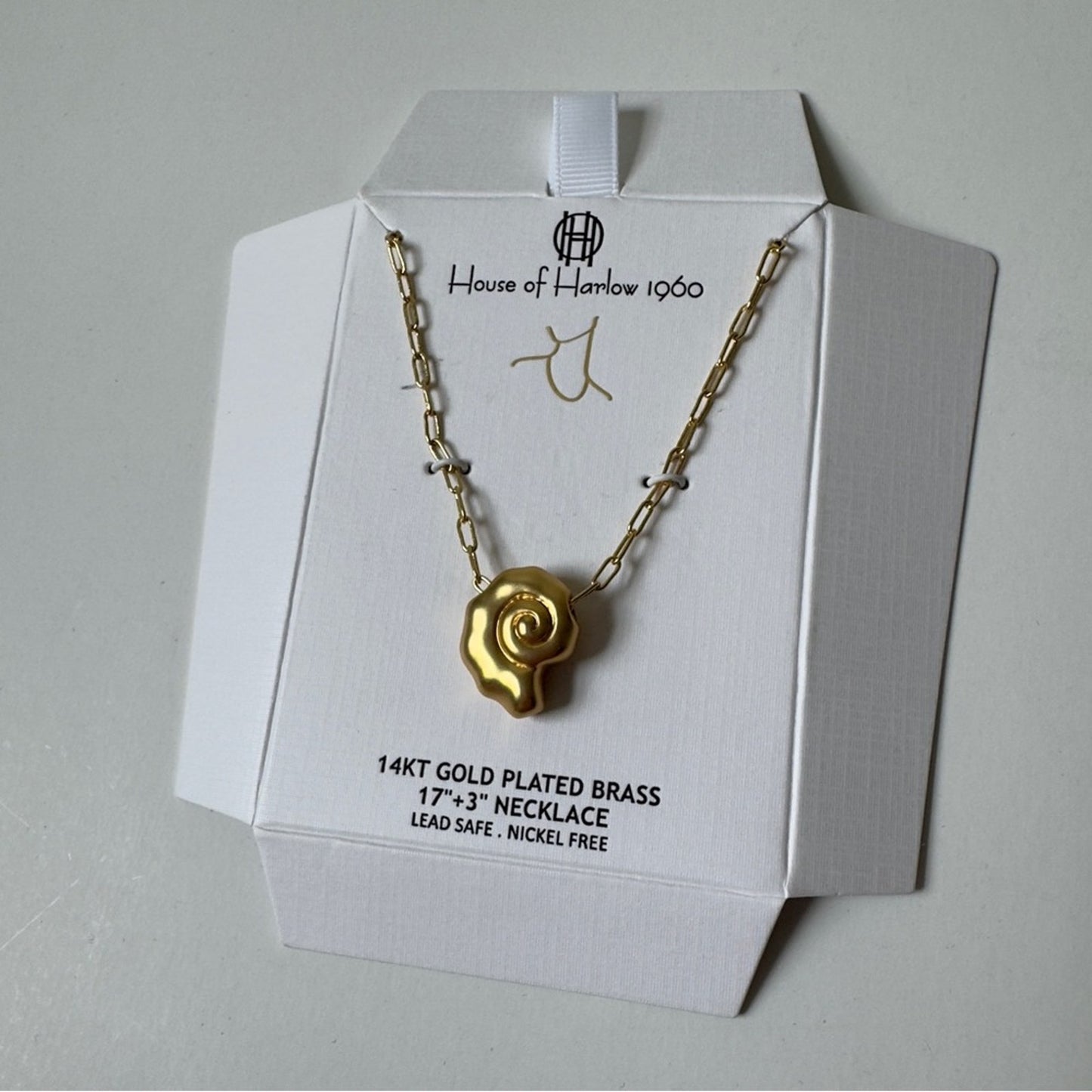 House of Harlow 1960 14KT Gold Pleated Brass Spiral Seashell Necklace Chain Hook