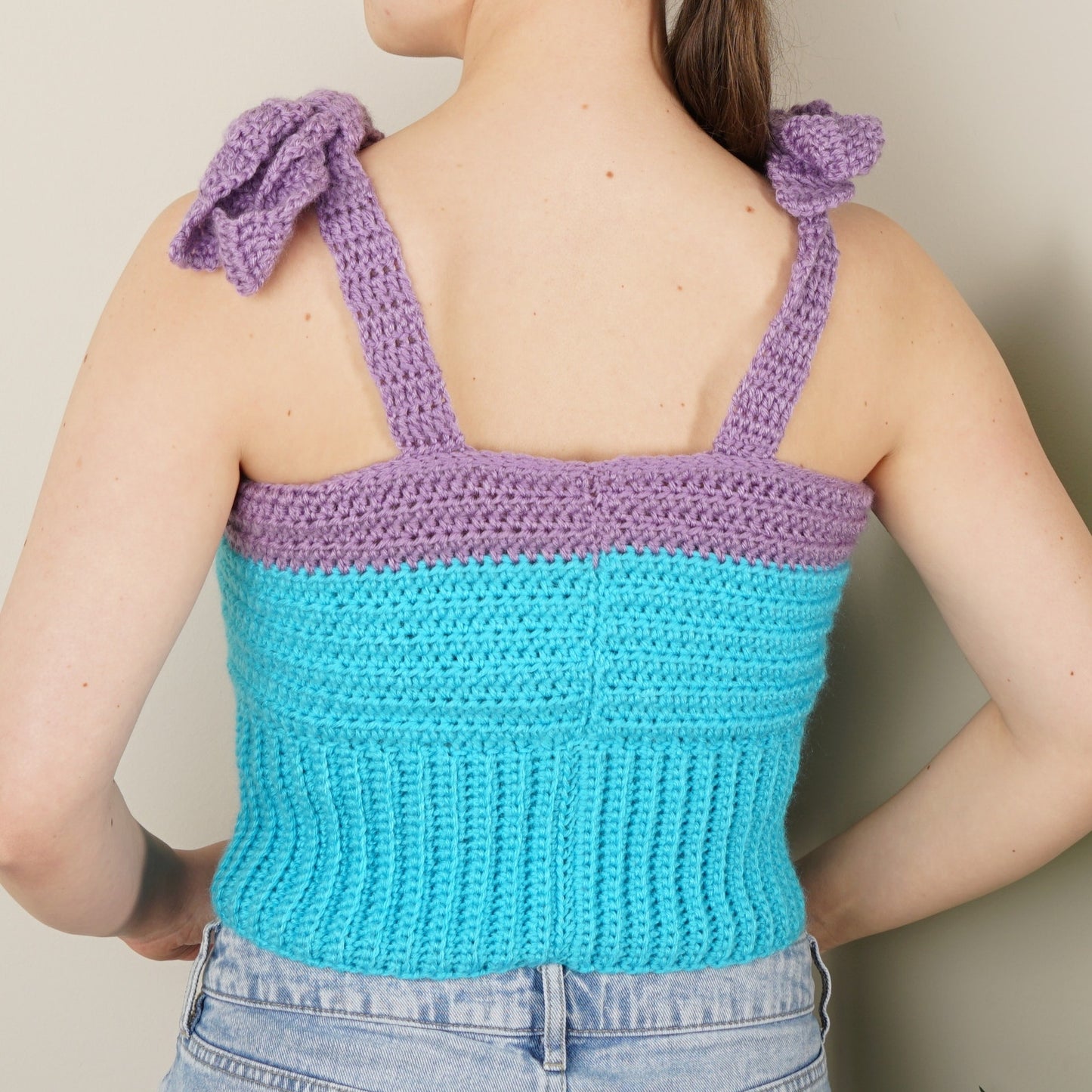 Handmade Crochet Babydoll Tank Top Crop Sleeveless Bows Cropped Colorblock S/M
