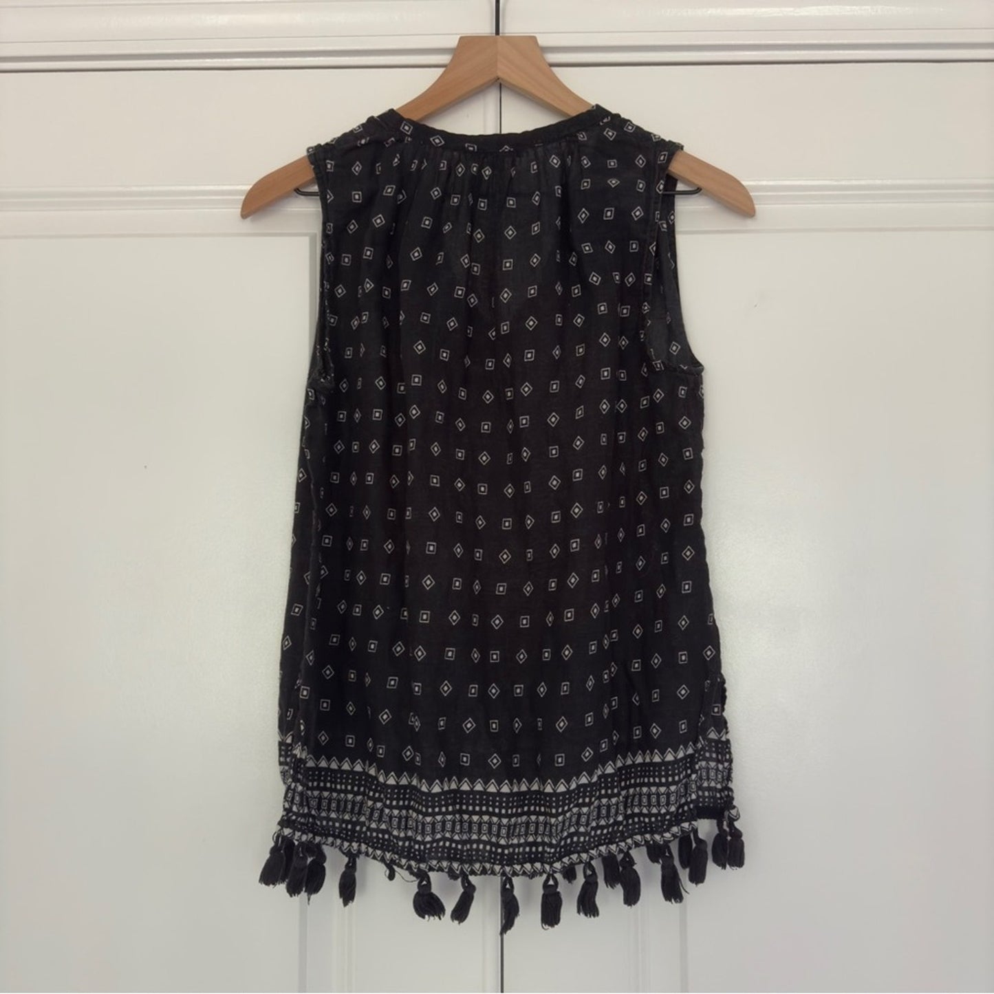Madewell Tassel Hem Tank Top Geometric Aztec Print Sleeveless Ruched V-neck
