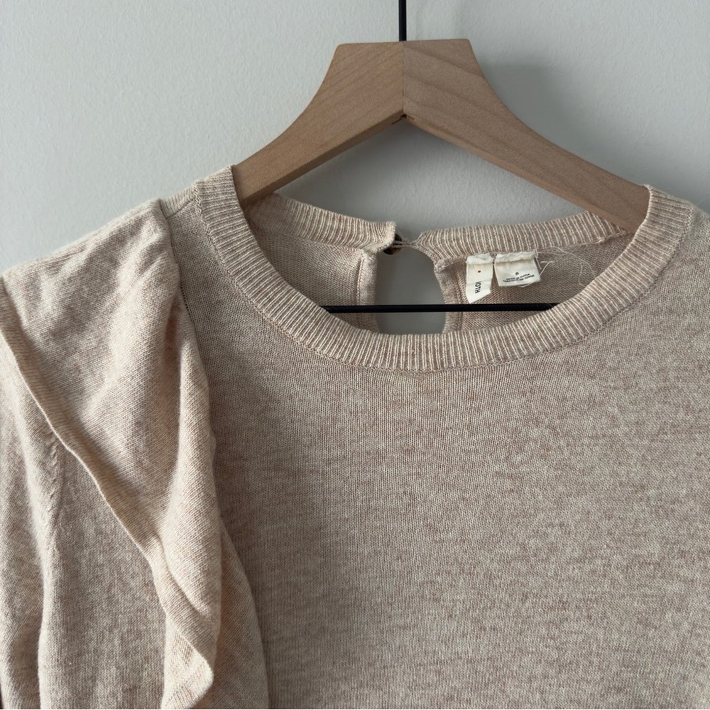 Anthropologie Moth Ruffle Beige tight Knit Sweater long sleeve crew neck keyhole