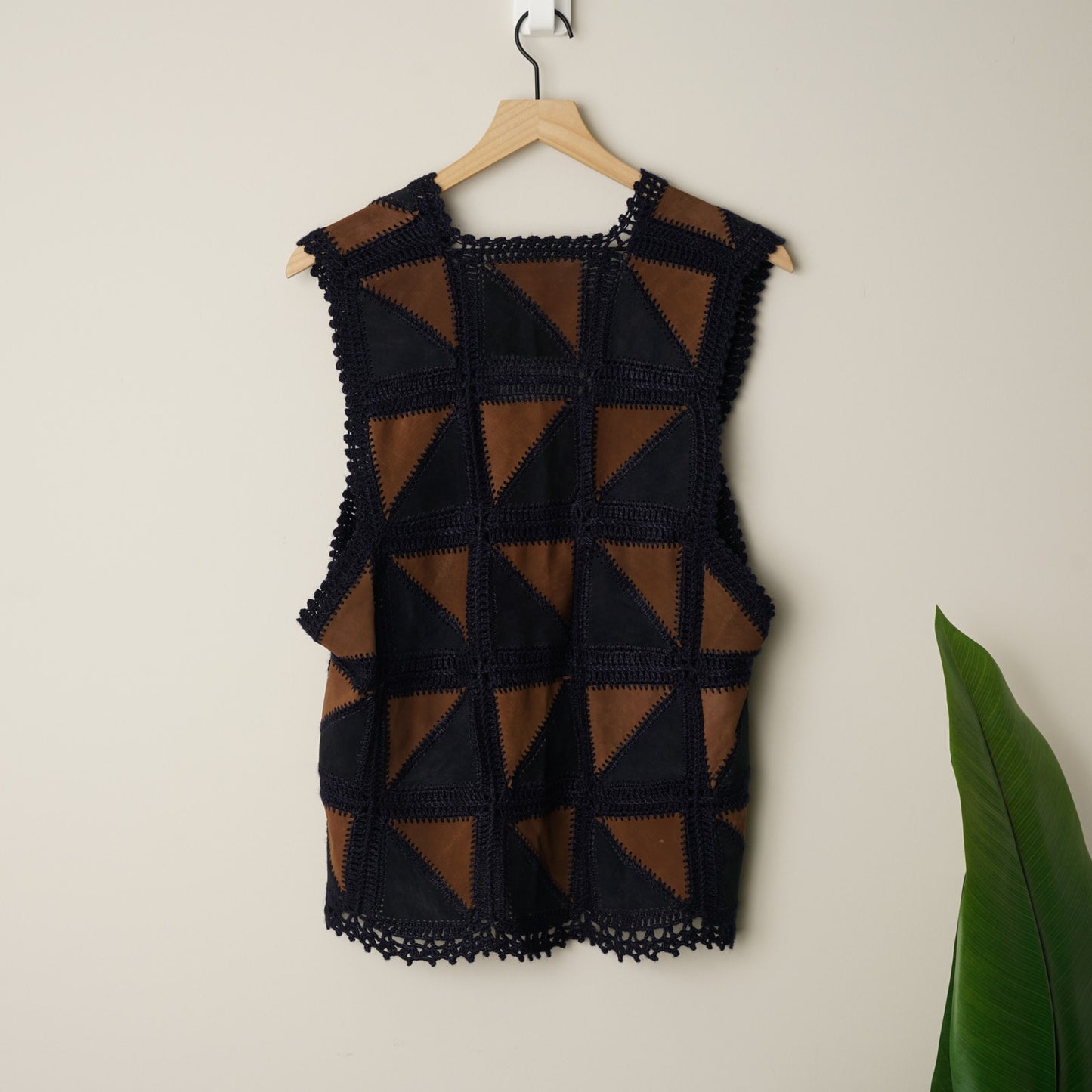 Vintage 1970s Suede Crochet Patchwork Vest Wooden Buttons Triangle Sleeveless