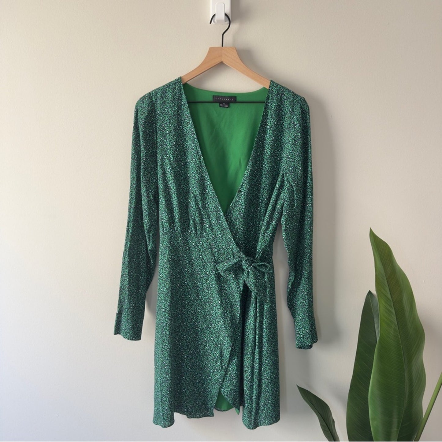 Anthropologie Sanctuary Green Micro Leopard Animal Print Wrap Dress Long Sleeve