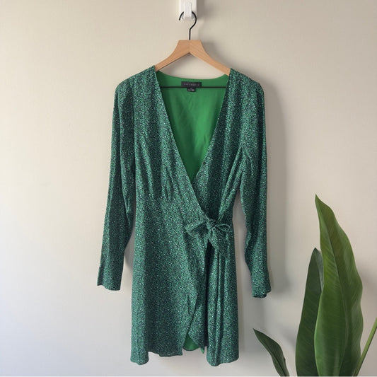 Anthropologie Sanctuary Green Micro Leopard Animal Print Wrap Dress Long Sleeve
