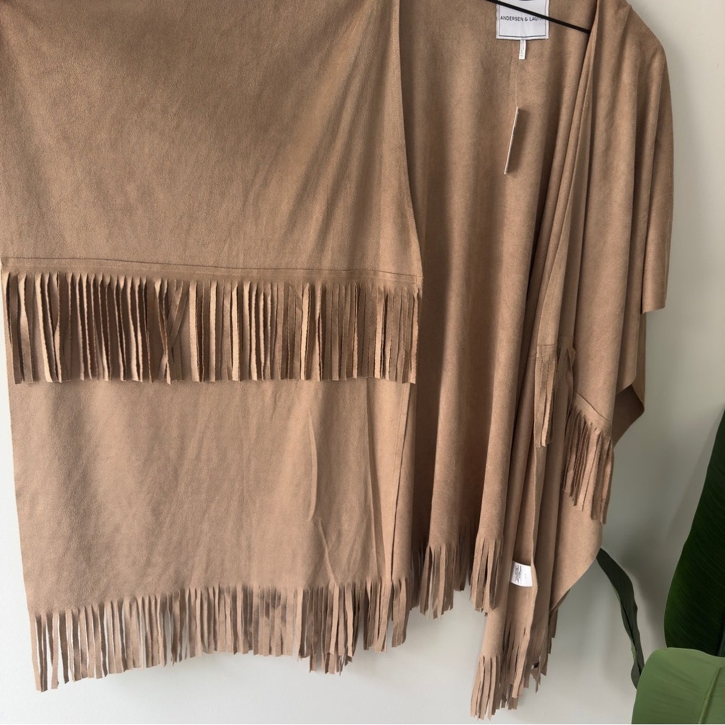 Anthropologie Andersen & Lauth Faux Suede Poncho Tan Open Front with Fringe hem
