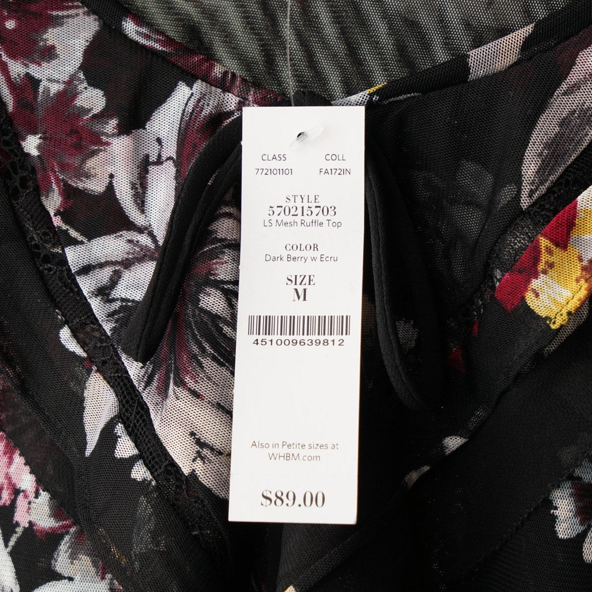 White House Black Market Long Sleeve Mesh Ruffle Top in Dark Berry with Ecru NWT
