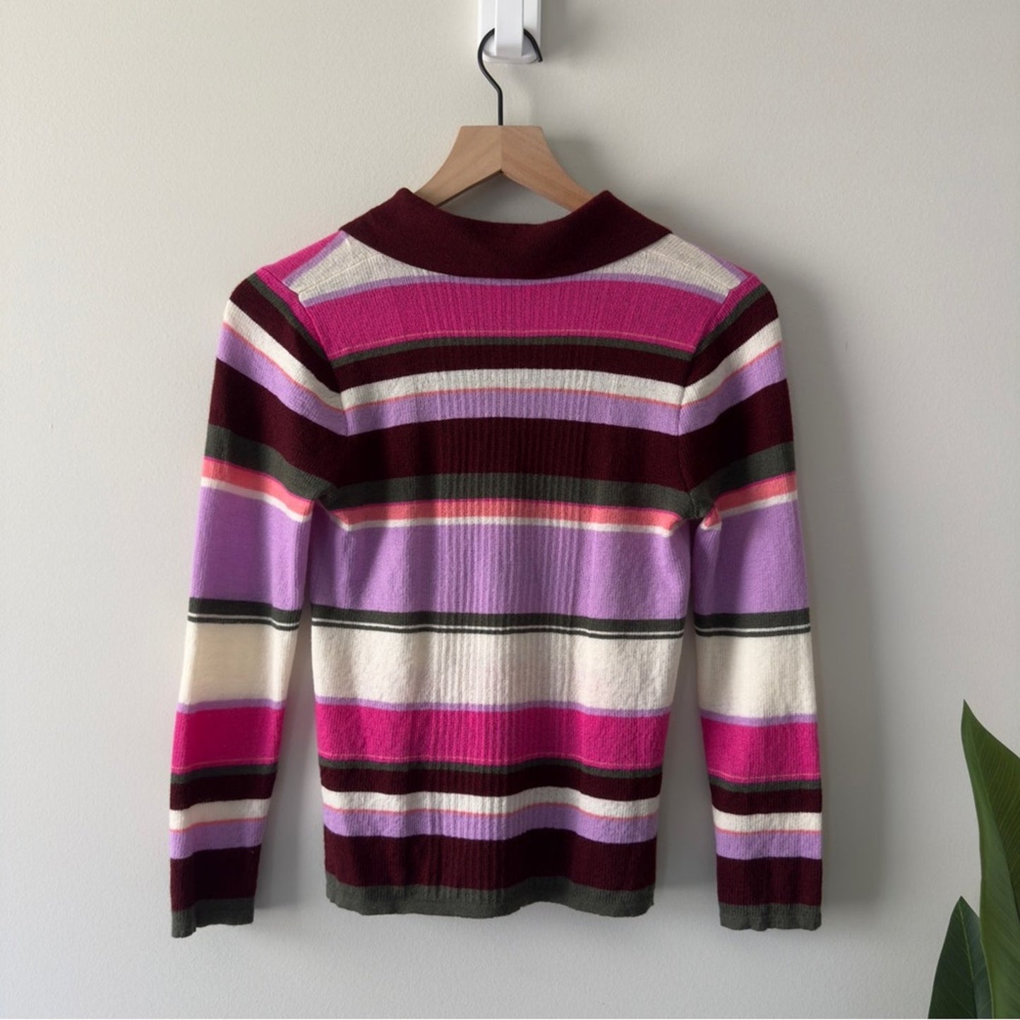 Kate Spade Fine Stripe Polo Sweater 100% Merino Wool Tight Knit preppy light EUC