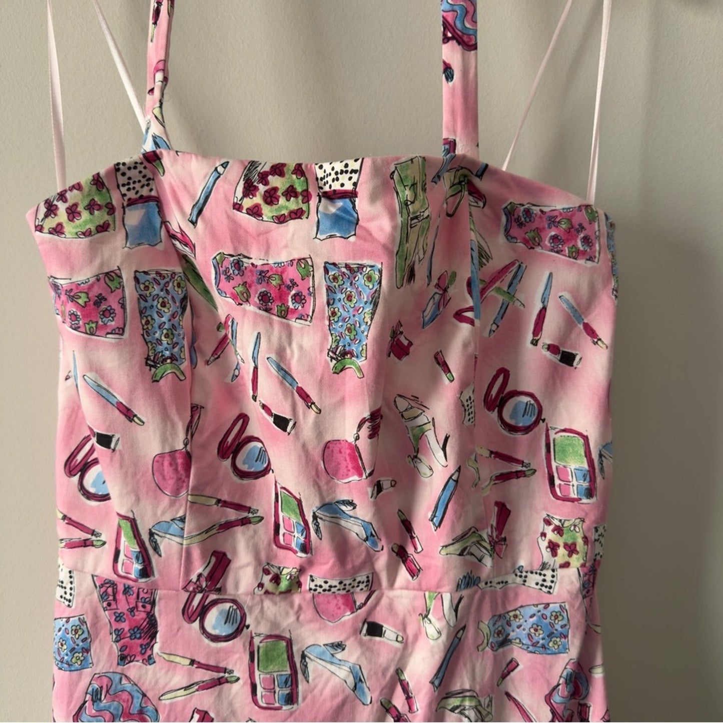 Vintage 90s–2000s Danny & Nicole Pink Patterned Halter Dress Girly Makeup Print