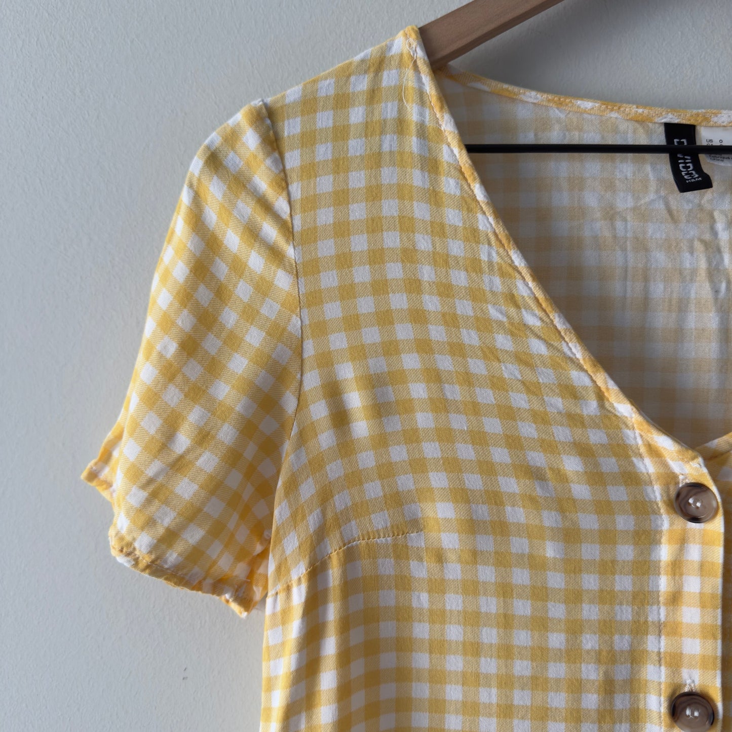 H&M Divided Yellow White Gingham Button Down Top Short Sleeve Cropped Summer EUC