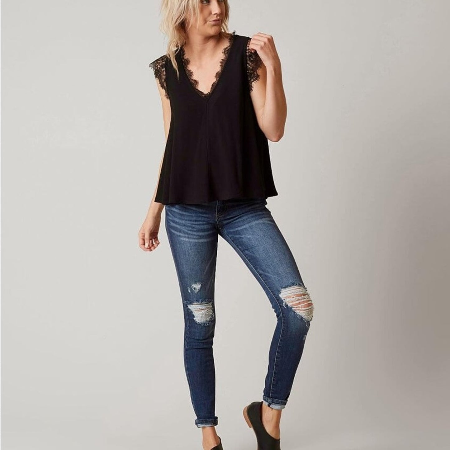 Free People Lovin’ On You Black Lace cap Sleeve Blouse v-neck solid cute minimal