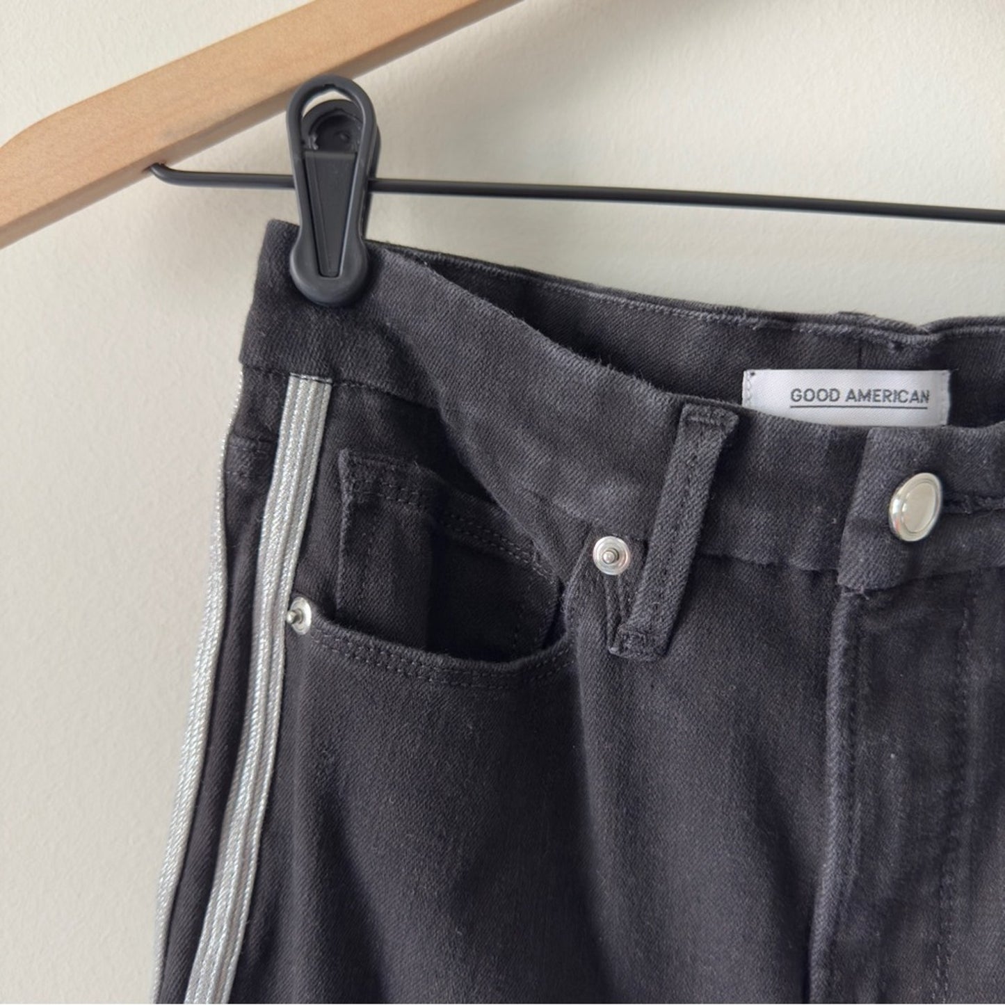 Good American Good Legs Black Skinny Jeans silver sparkle Side Stripes stretch 6