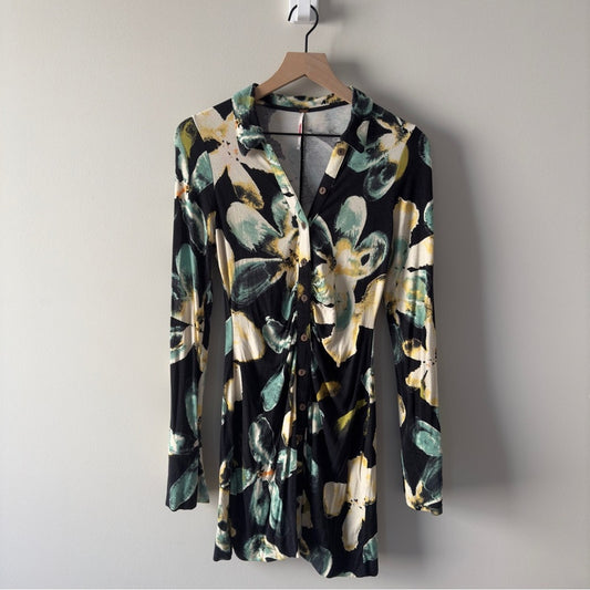 Free People floral Print button down mini dress long sleeve collared stretch EUC