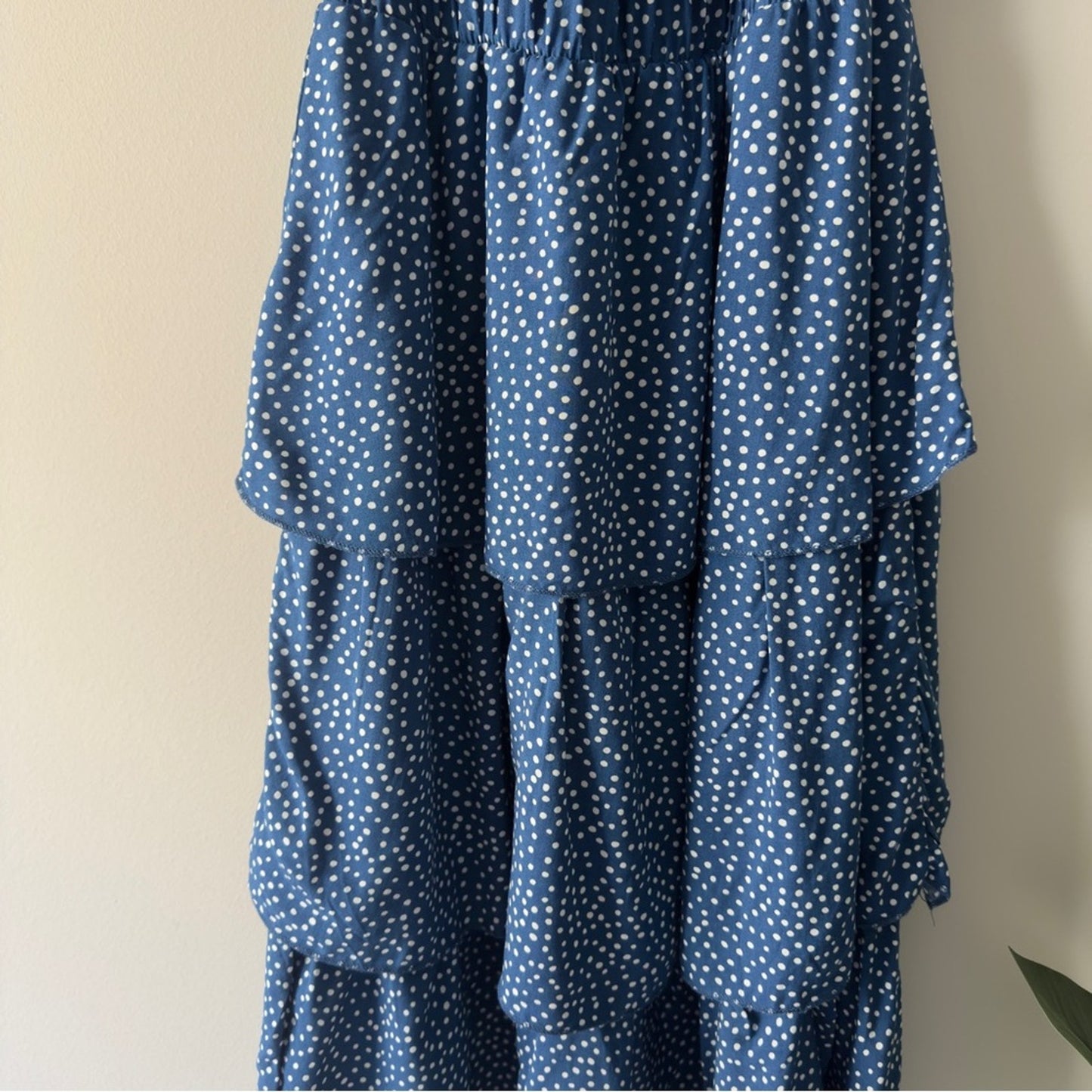 NWT Vernacular Off the Shoulder Blue White Polka Dot Dress Tiered Romantic Midi