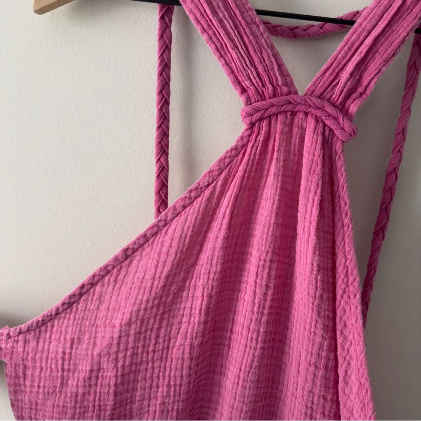 Anthropologie Pink gauze fabric braided strap mini dress halter 100% cotton NWT