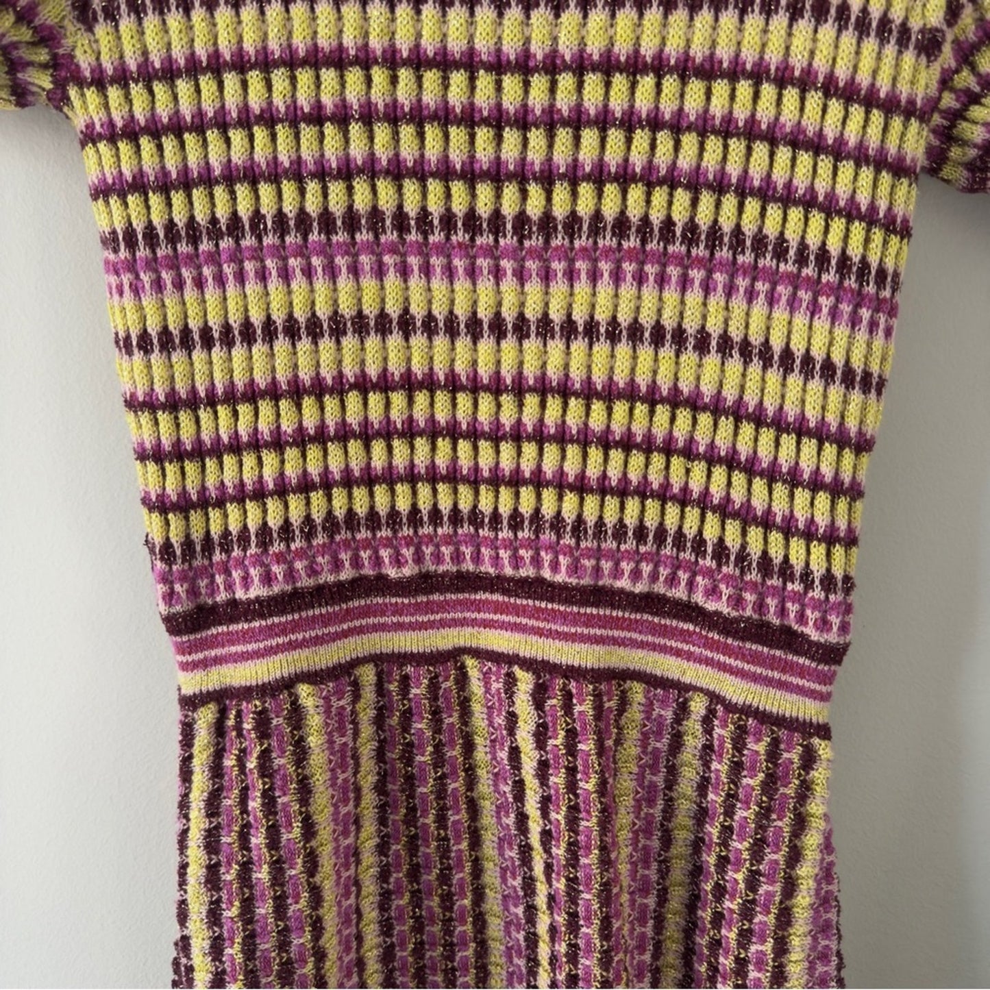 Free People metallic striped knit mini dress short sleeve high neck cotton EUC