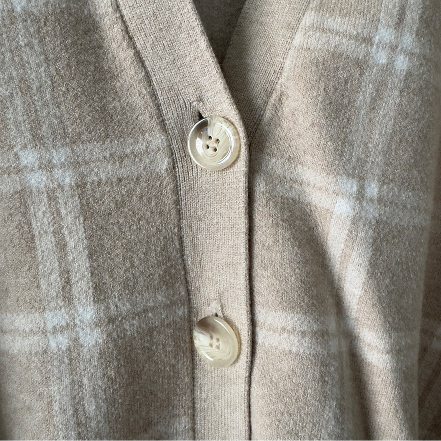 Joie Beige Plaid Cardigan long sleeve cable knit accent button down front