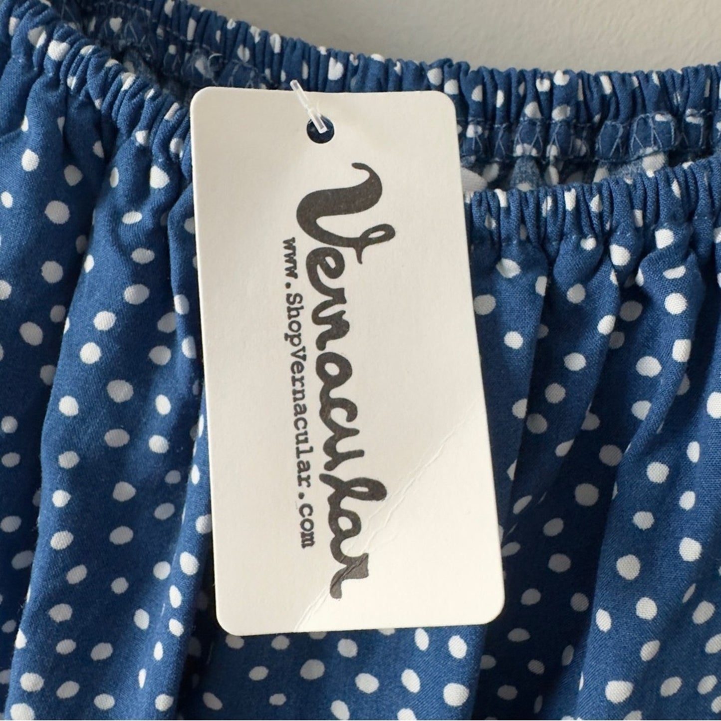 NWT Vernacular Off the Shoulder Blue White Polka Dot Dress Tiered Romantic Midi