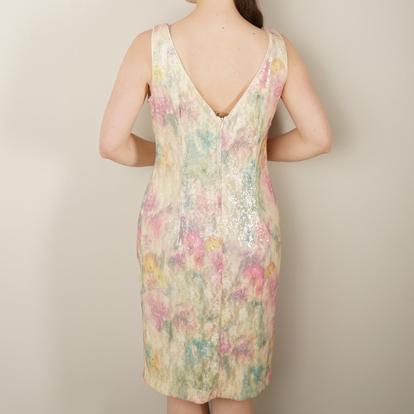 Studio One New York Sequin Floral Dress Y2K Sparkly Sleeveless Party V Back EUC