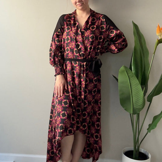 Misa Los Angeles Floral Wrap Dress Robe Long Sleeve Tie Waist Made in USA XS EUC