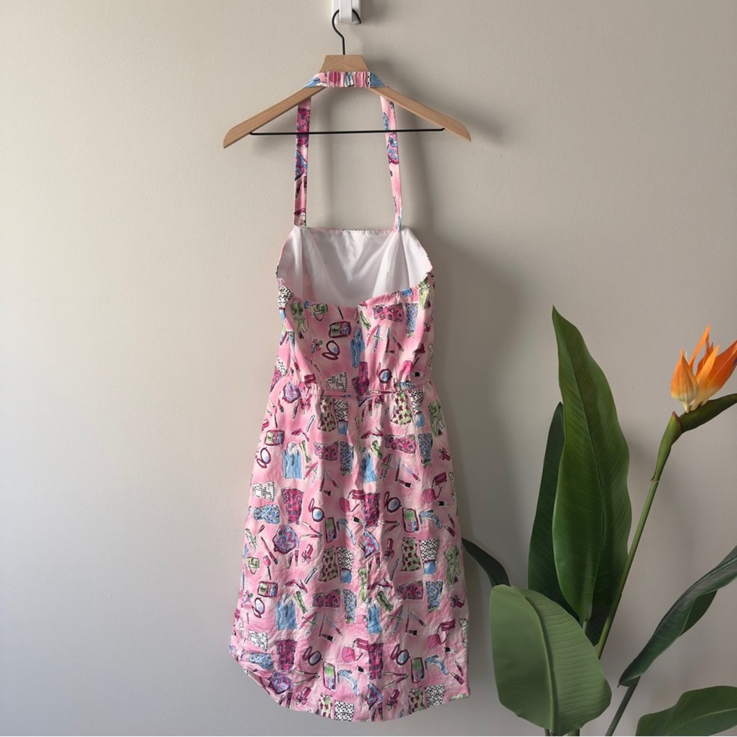 Vintage 90s–2000s Danny & Nicole Pink Patterned Halter Dress Girly Makeup Print